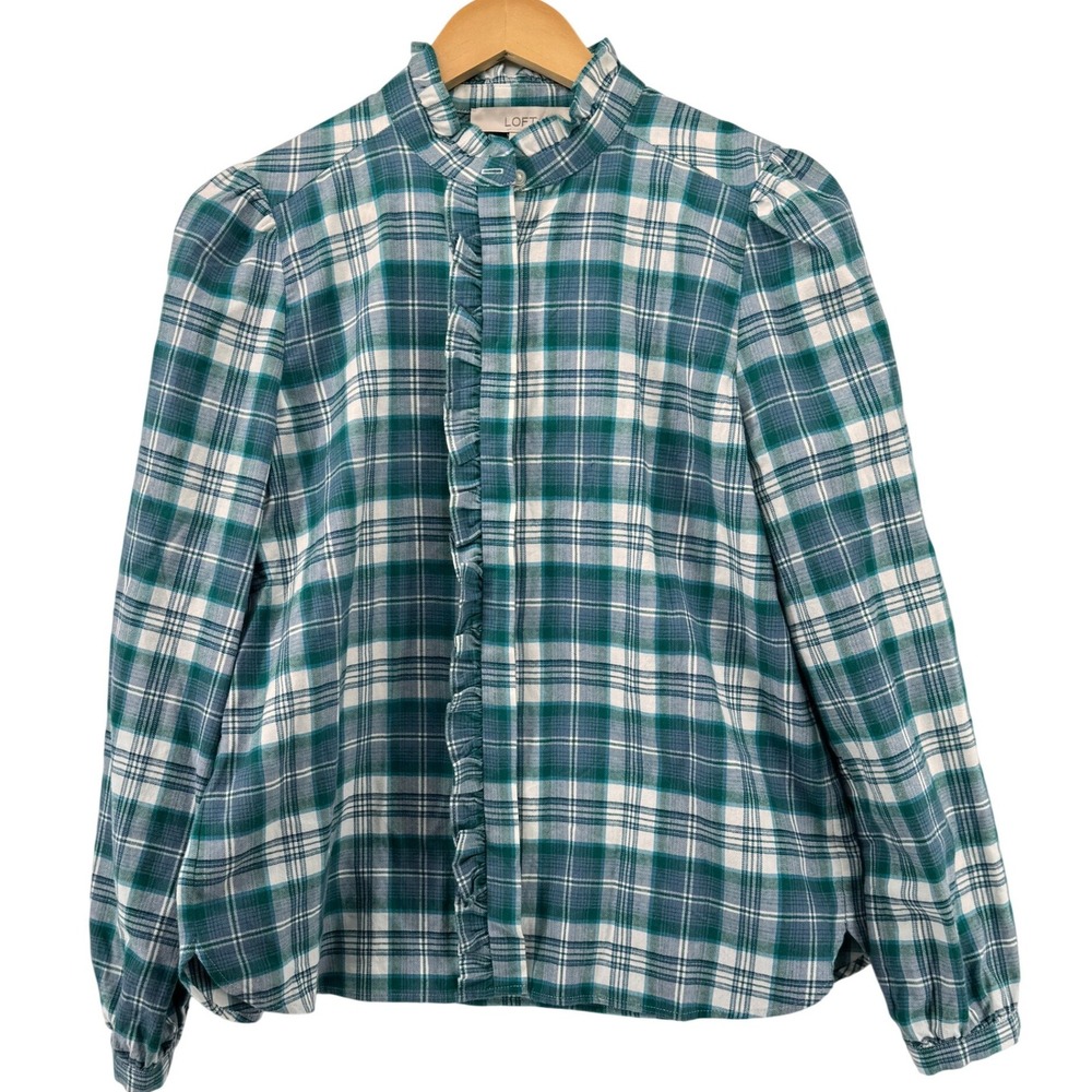 Loft‎ Womens Small Teal Green Plaid Ruffle Front High Neck Cotton Blouse Top